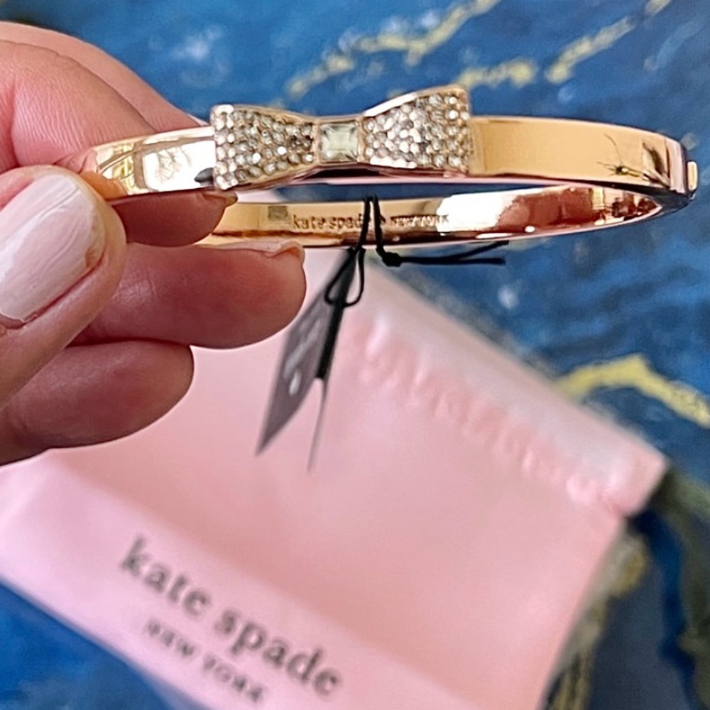 Kate Spade New w/tags Hinged Bangle Bracelet Crystals Bow Gold tone & DustBag